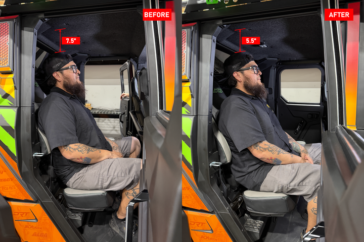 UTV Stereo side by side comparison showing head clearance before and after roof installation