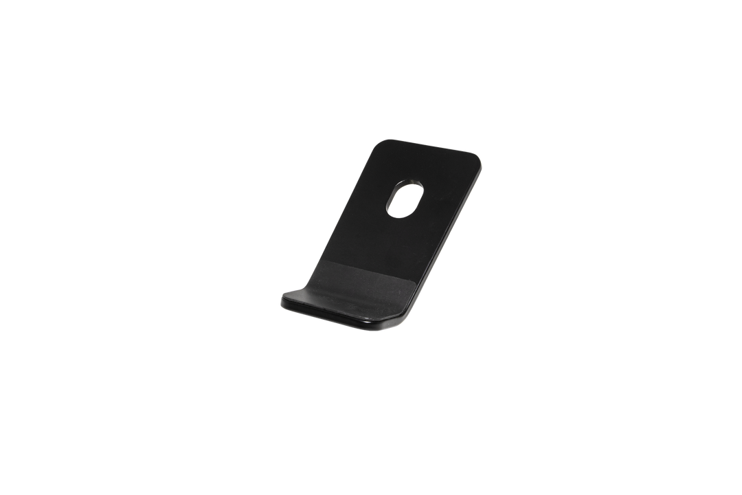 Black metal L shaped mounting bracket with a single circular hole