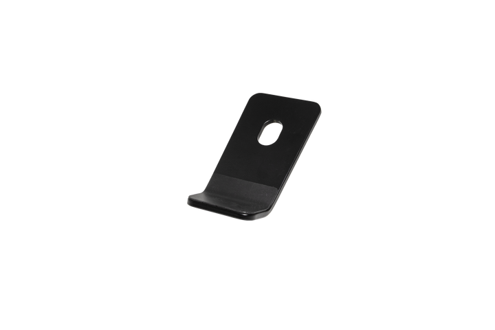 Black metal L shaped mounting bracket with a single circular hole
