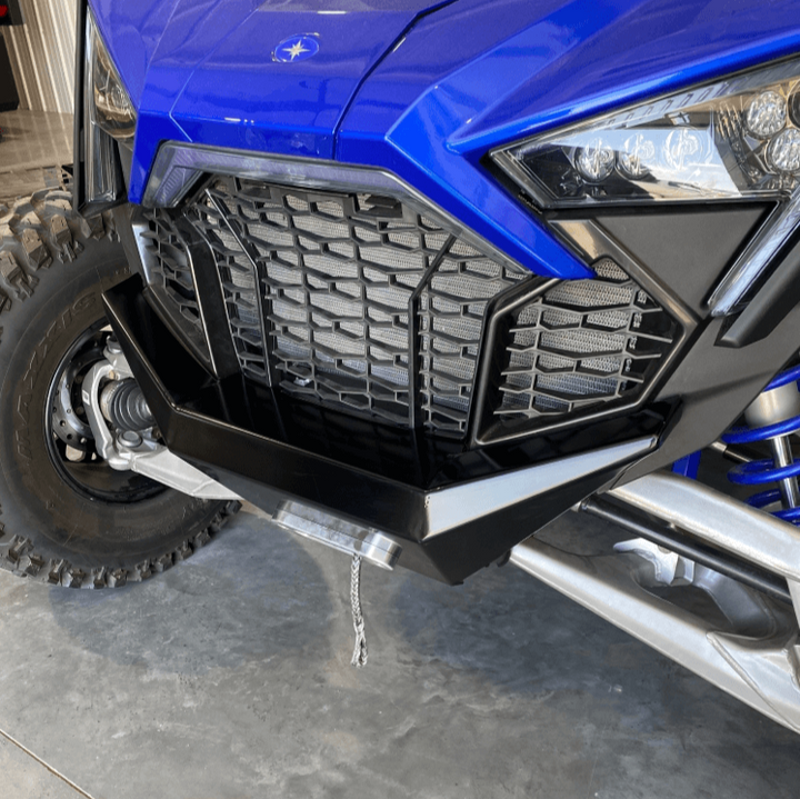 Polaris Pro R Front Bumper Powder Black Close Up Side View by AJK Offroad   