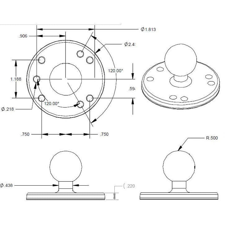 RAM Round Plate with Ball - B Size - 1 Inch