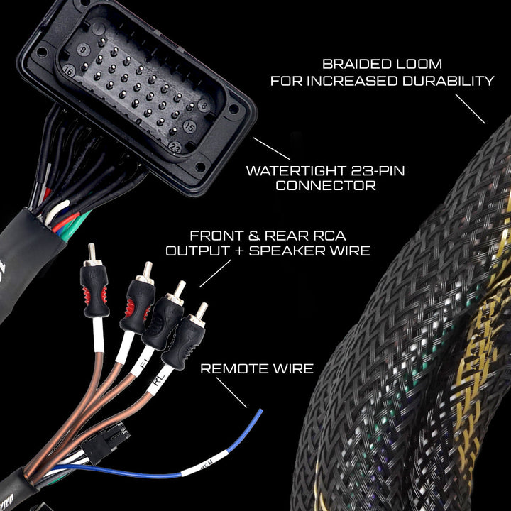 Wiring harness with 23-pin connector, braided loom, RCA outputs, speaker wires, and remote wire