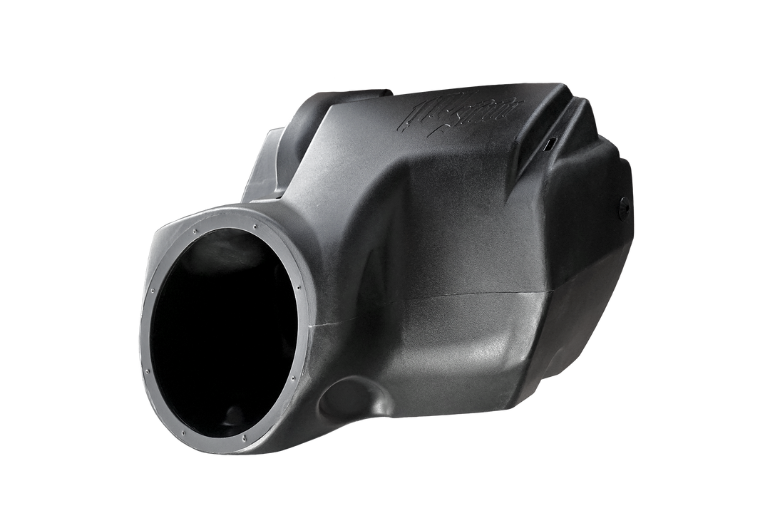 Black molded plastic subwoofer enclosure