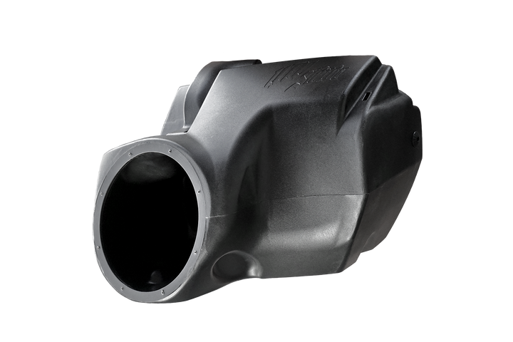 Black molded plastic subwoofer enclosure