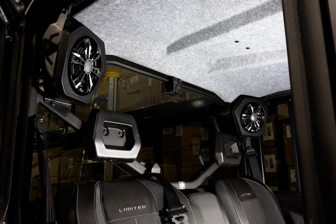 UTV Stereo speakers mounted on the roll cage of a vehicle