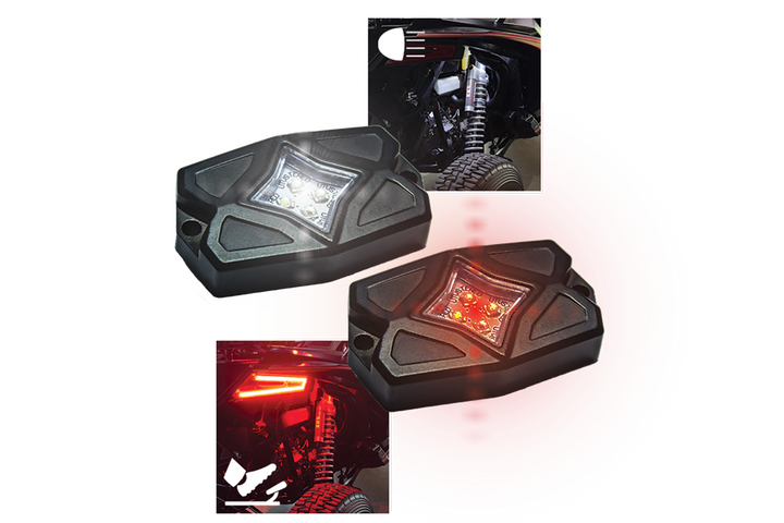 UTV Stereo LED rock light pods showing off and red light modes installed on a vehicle