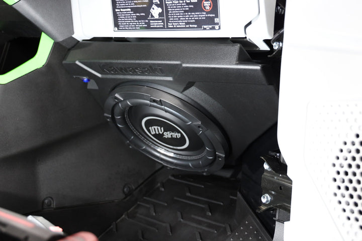 UTV Stereo subwoofer installed in a Kawasaki vehicle