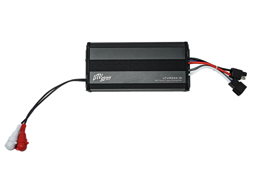 UTV Stereo UTVM500 1D IP67 mono class D amplifier with attached wiring harness