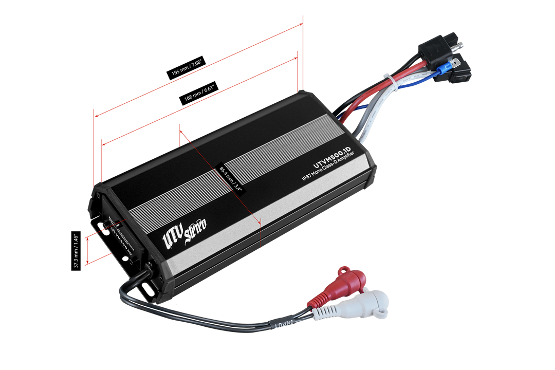 UTV Stereo UTVM500.1D mono class-D amplifier with dimensional measurement lines