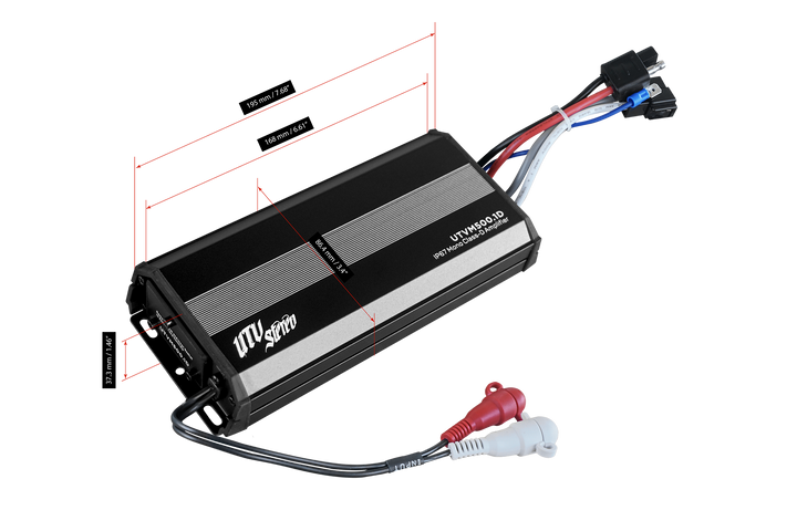 UTV Stereo UTVM500.1D mono class-D amplifier with dimensional measurement lines