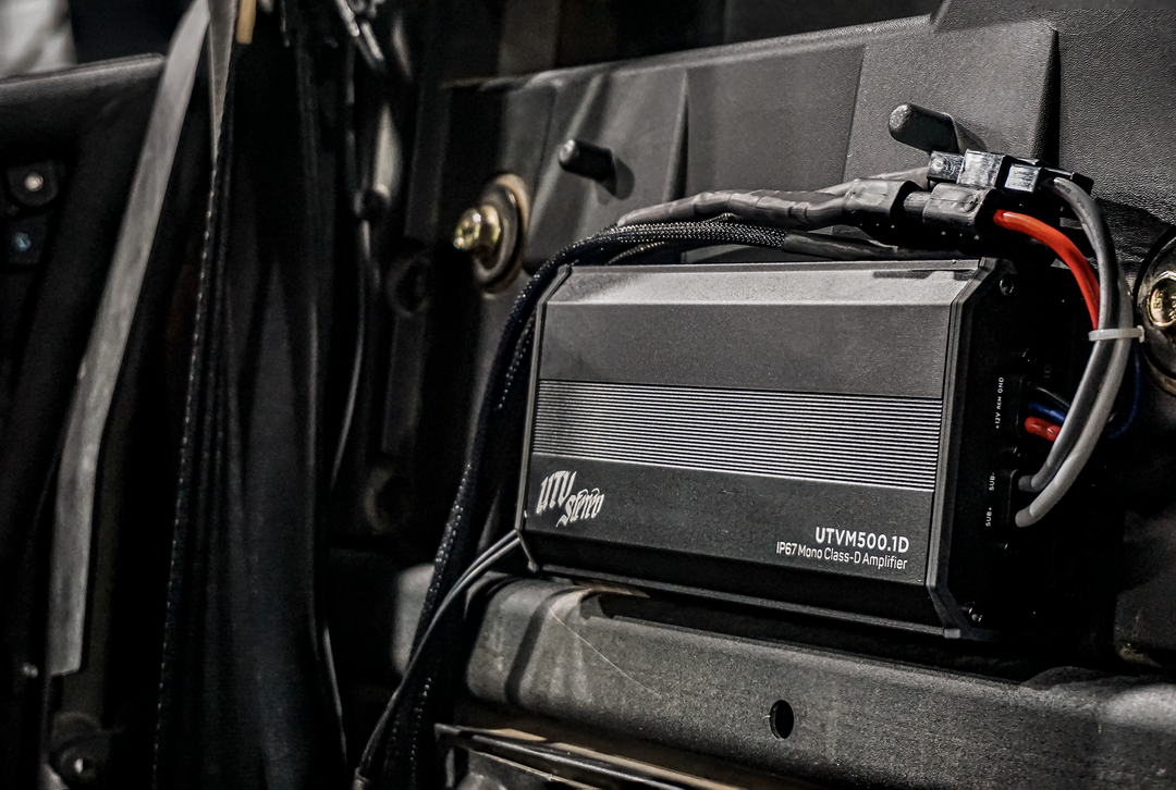 UTV Stereo UTVM500 1D IP67 mono class D amplifier mounted in a vehicle