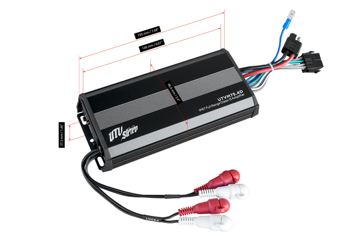 UTV Stereo UTVM75.4D IP67 full range class D amplifier with dimension labels