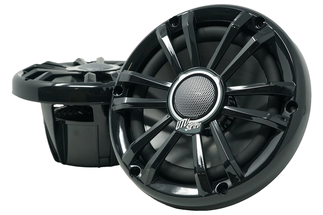 Two black UTV Stereo marine grade speakers with black grilles