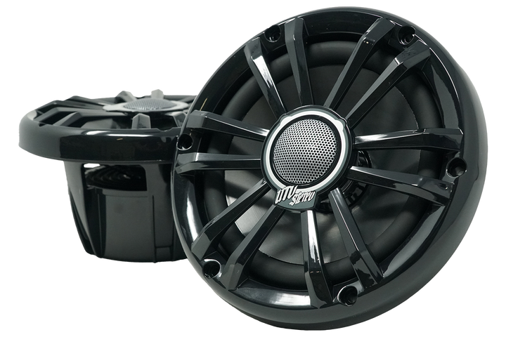 Two black UTV Stereo marine grade speakers with black grilles