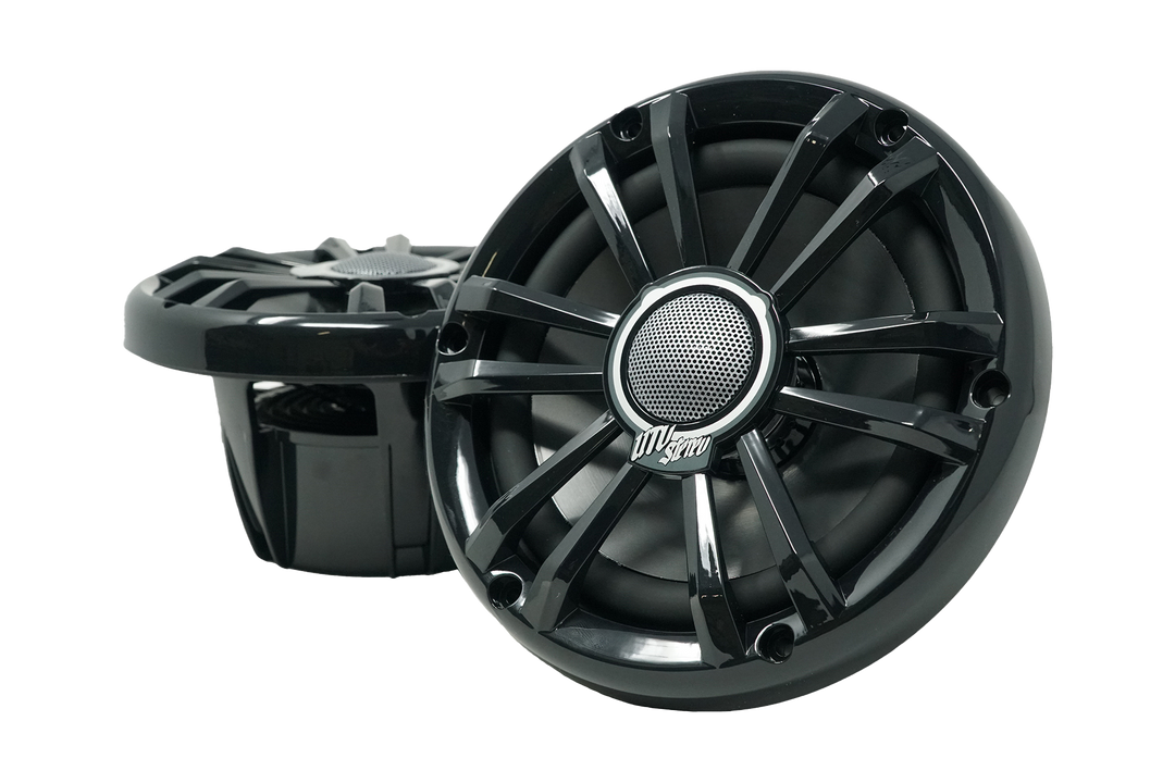 Two black UTV Stereo marine grade speakers with mesh center grilles