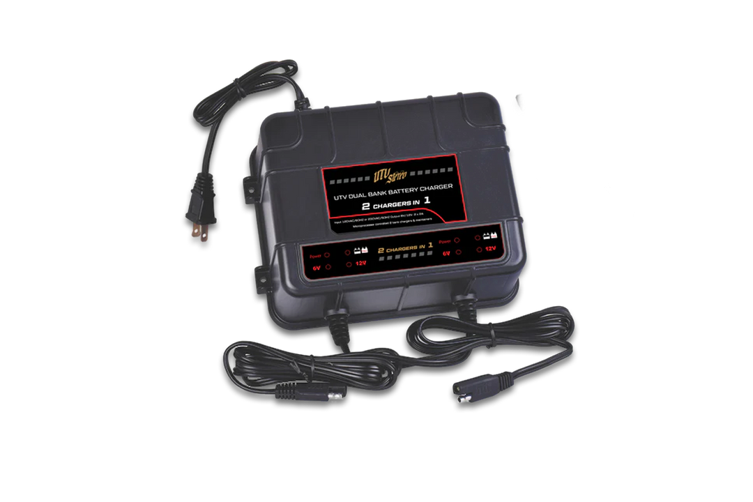 UTV Stereo dual bank battery charger with power cord and two output cables