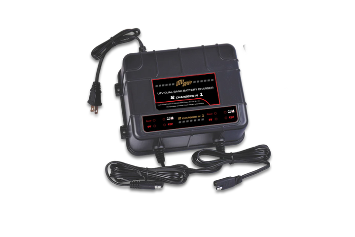 UTV Stereo dual bank battery charger with power cord and two output cables