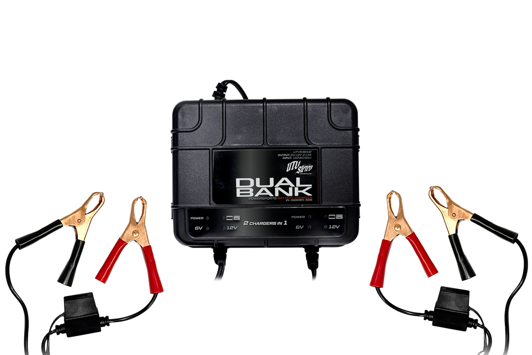 UTV Stereo dual bank powersports battery charger with two sets of alligator clips