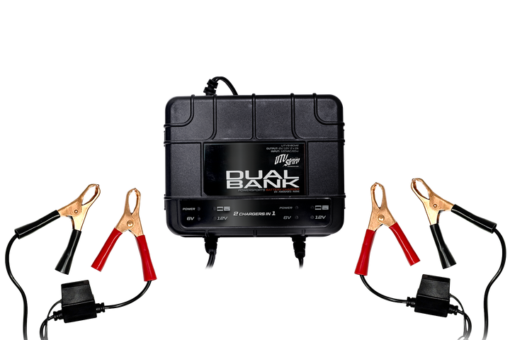 UTV Stereo dual bank powersports battery charger with two sets of alligator clips