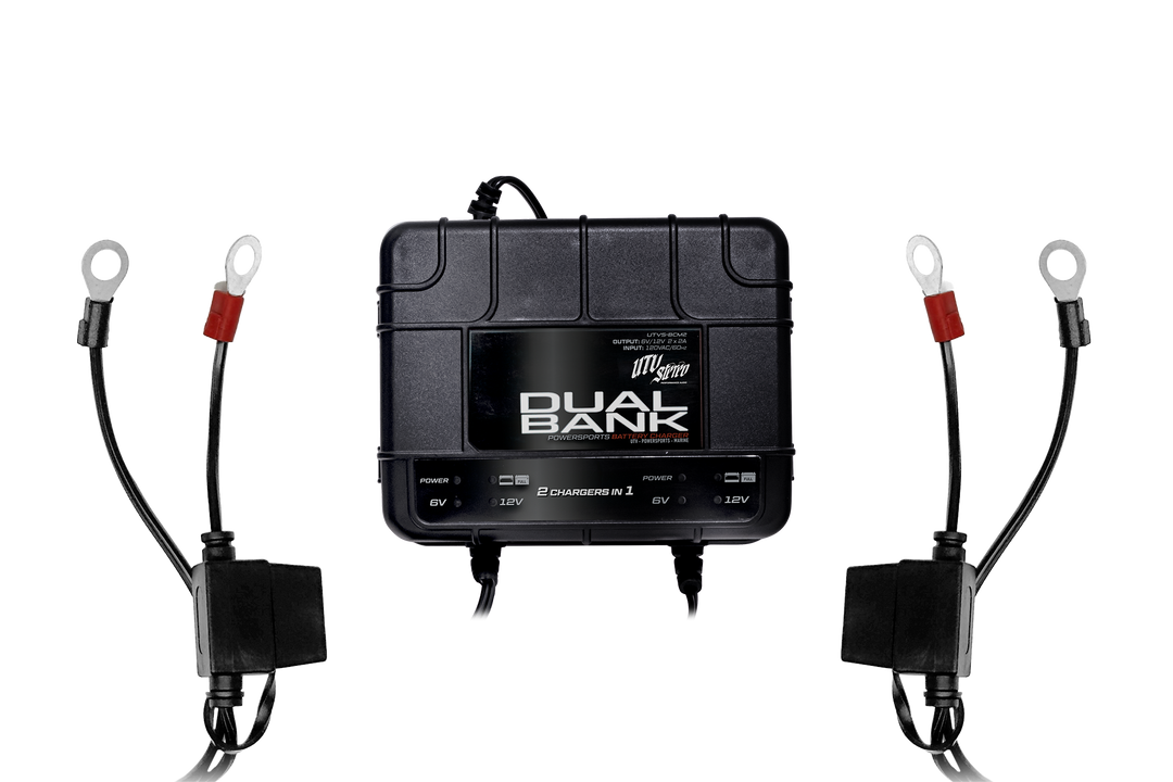 UTV Stereo dual bank powersports battery charger with two sets of ring terminal cables