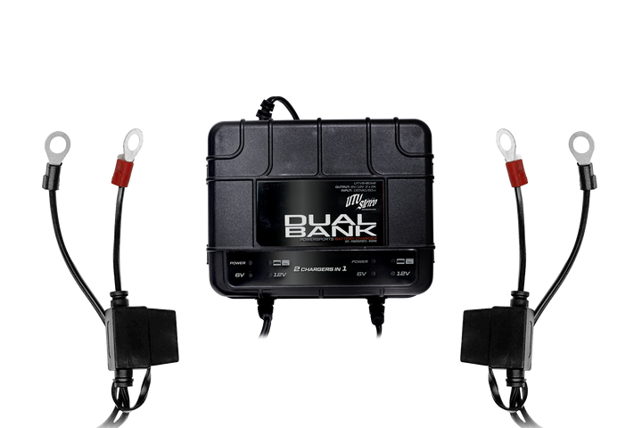 UTV Stereo dual bank powersports battery charger with two sets of ring terminal cables