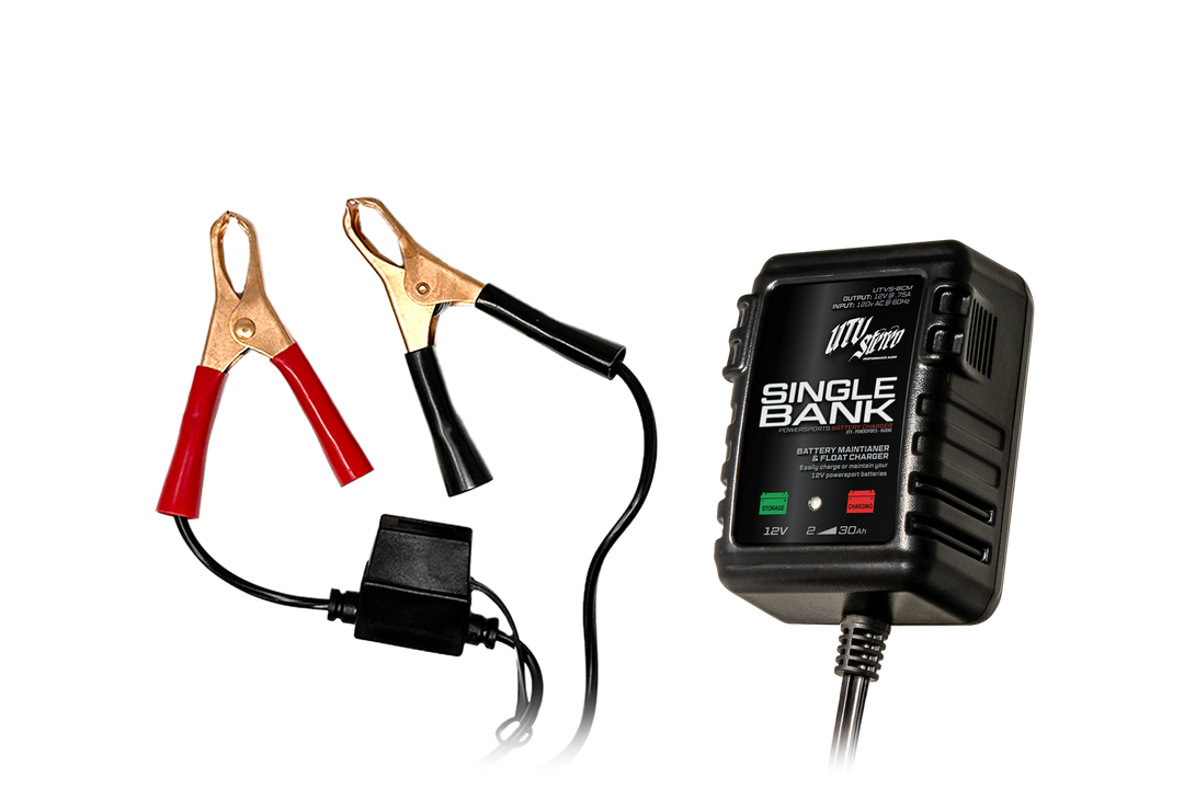 UTV Stereo single bank battery charger and maintainer with red and black alligator clips