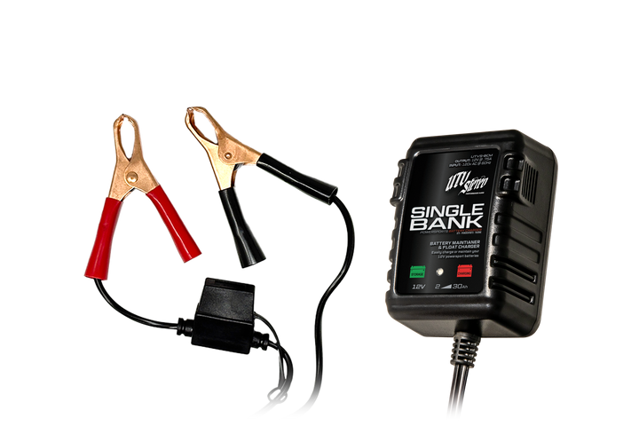 UTV Stereo single bank battery charger and maintainer with red and black alligator clips