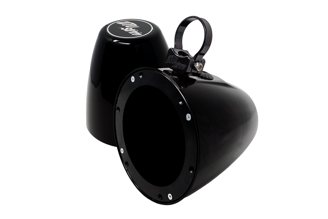 Two black UTV Stereo speaker pods with mounting brackets
