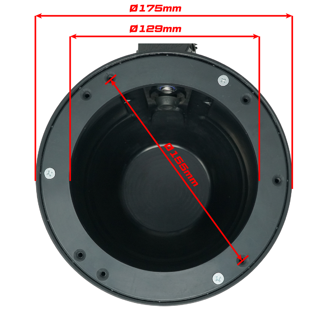 Technical diagram showing dimensions of a circular black housing with 175mm 129mm and 155mm measurements