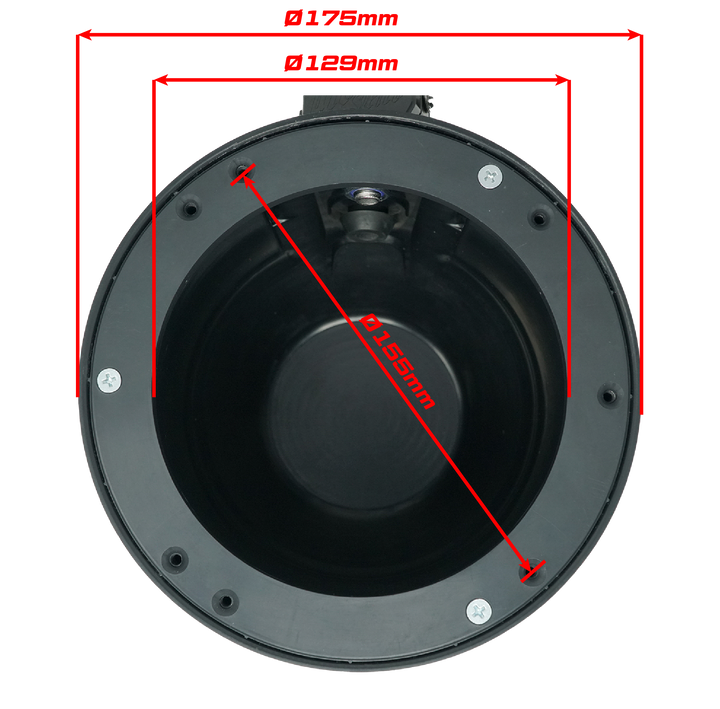 Technical diagram showing dimensions of a circular black housing with 175mm 129mm and 155mm measurements