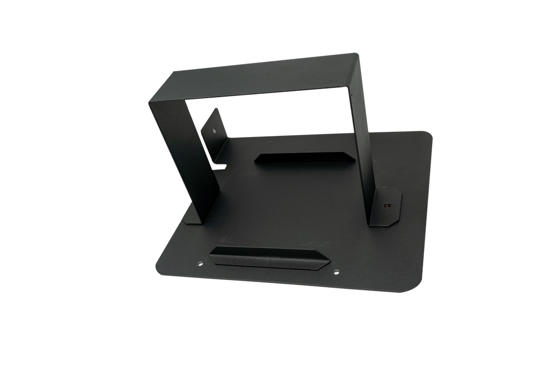 Black metal mounting bracket with rectangular frame and base plate