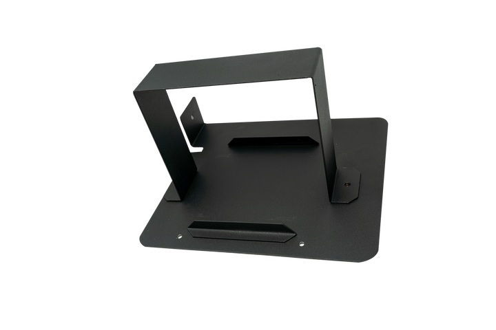 Black metal mounting bracket with rectangular frame and base plate
