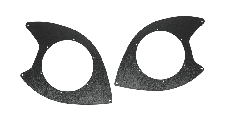 Pair of black textured speaker mounting brackets with circular cutouts