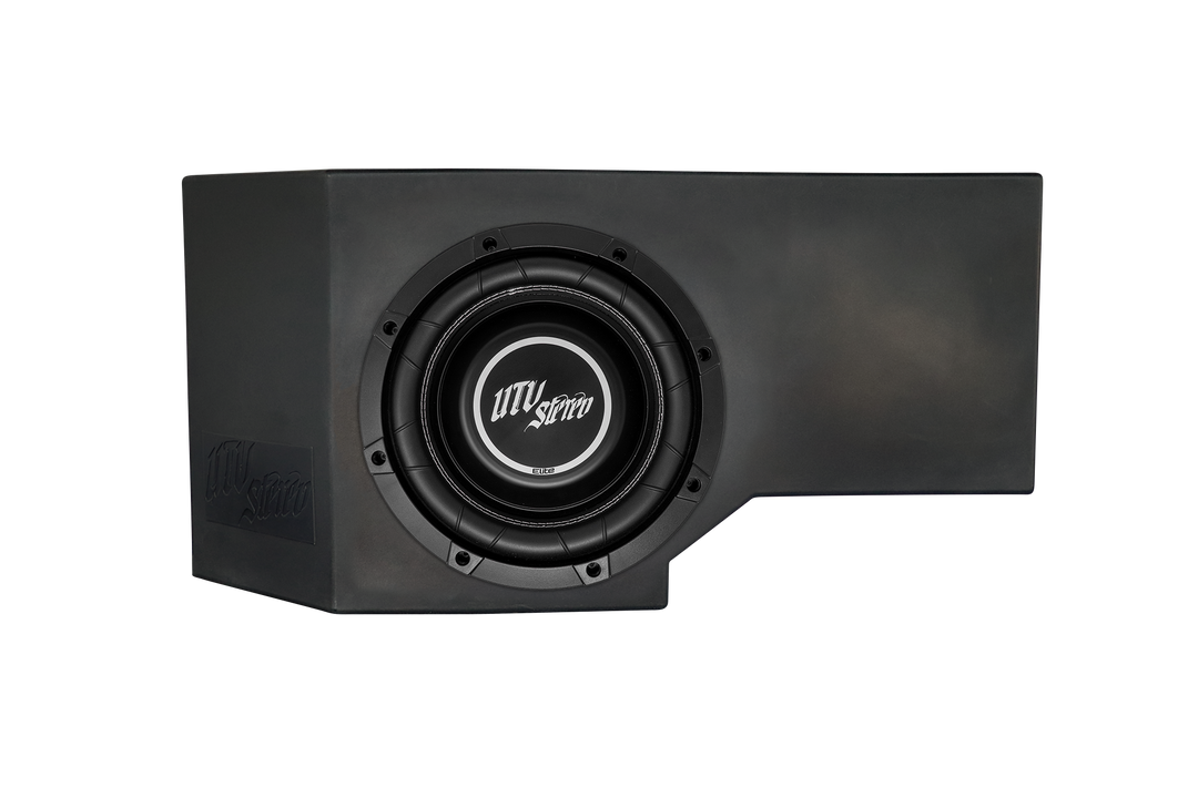 UTV Stereo black subwoofer enclosure with integrated speaker