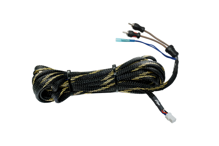 UTV Stereo audio cable with braided black and yellow sleeve and RCA connectors