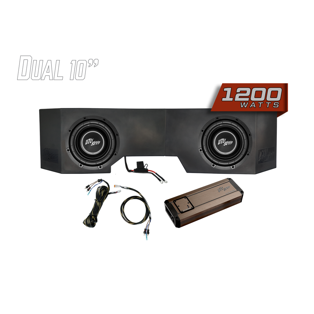 UTV Stereo dual 10 inch subwoofer enclosure with 1200 watt amplifier and wiring harness