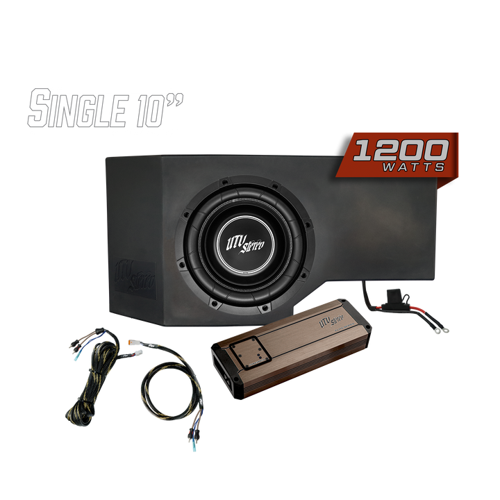 UTV Stereo single 10 inch subwoofer enclosure with 1200 watt amplifier and wiring harness