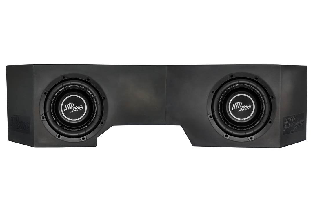 UTV Stereo dual subwoofer enclosure with two black speakers