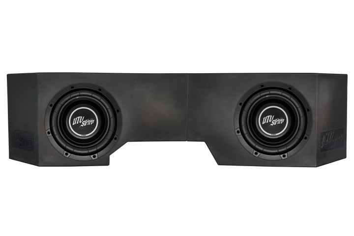 UTV Stereo dual subwoofer enclosure with two black speakers