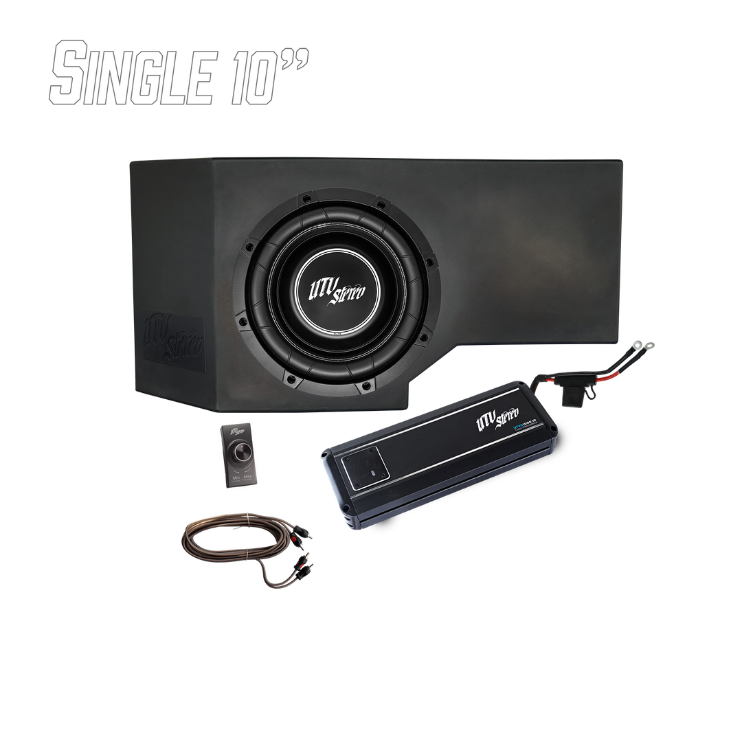 UTV Stereo single 10 inch subwoofer enclosure with amplifier, bass knob, and wiring