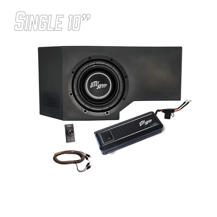 UTV Stereo single 10 inch subwoofer enclosure with amplifier, bass knob, and wiring