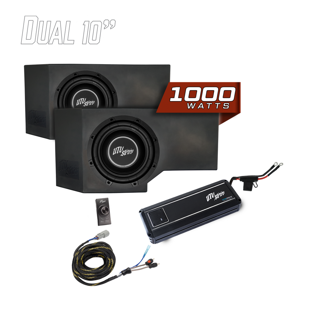 UTV Stereo dual 10 inch subwoofer enclosure kit with 1000 watt amplifier and wiring harness