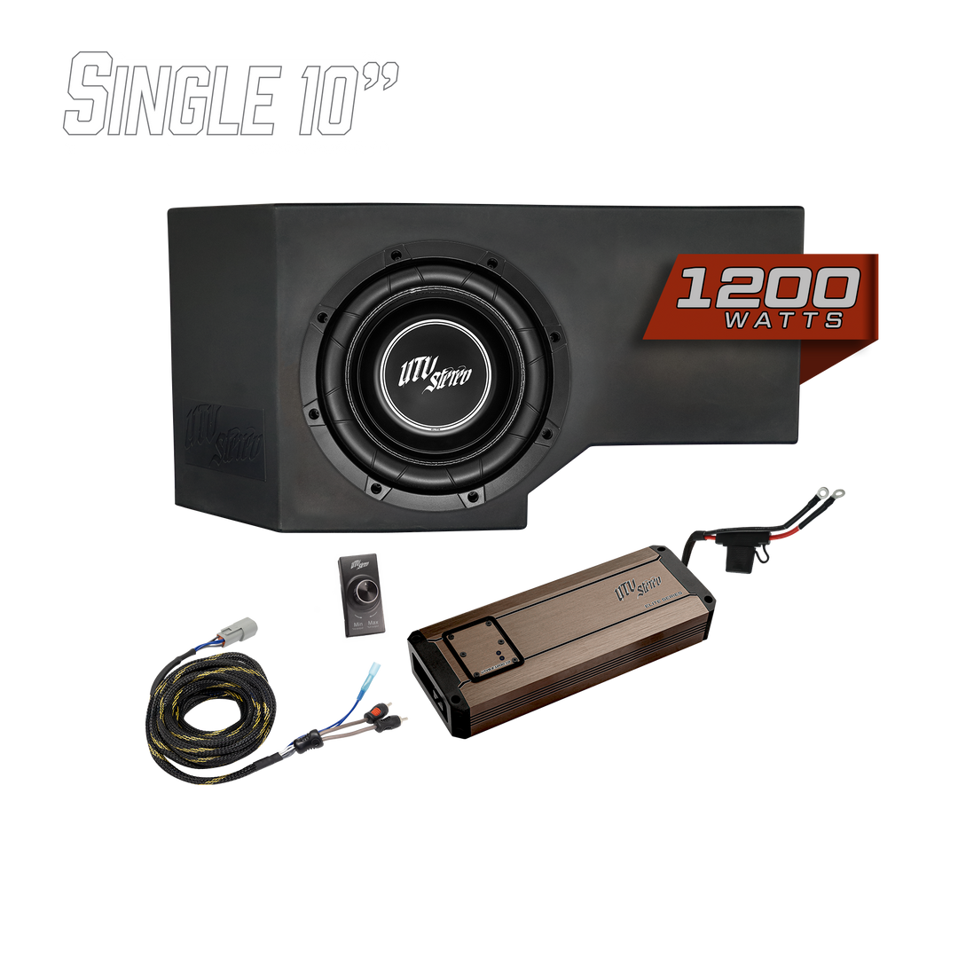 UTV Stereo single 10 inch subwoofer enclosure with 1200 watt amplifier and wiring kit