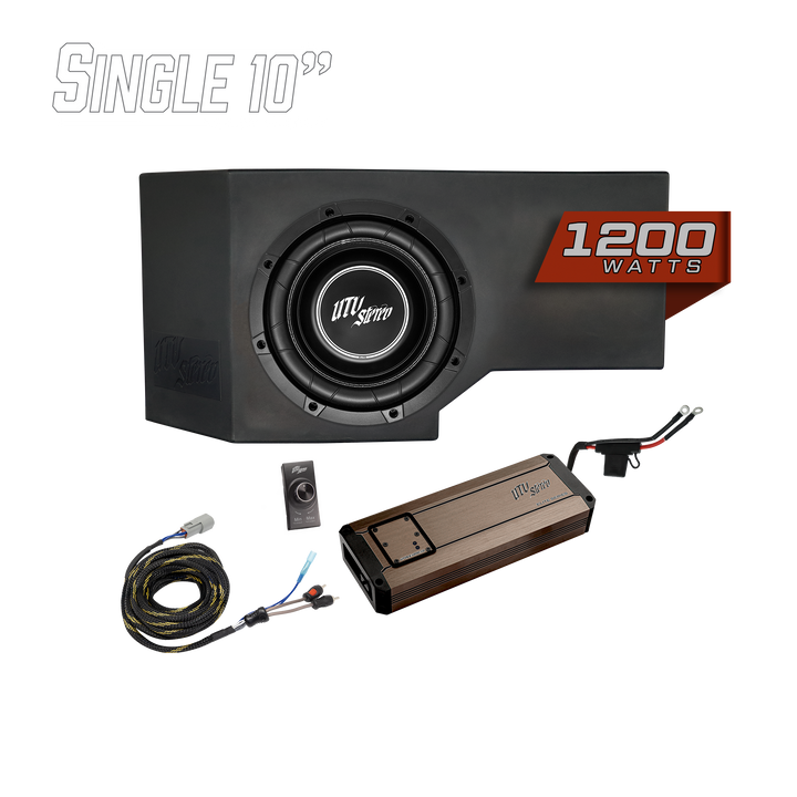 UTV Stereo single 10 inch subwoofer enclosure with 1200 watt amplifier and wiring kit
