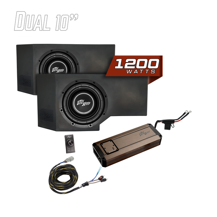 UTV Stereo dual 10 inch subwoofer system with 1200 watt amplifier and wiring kit