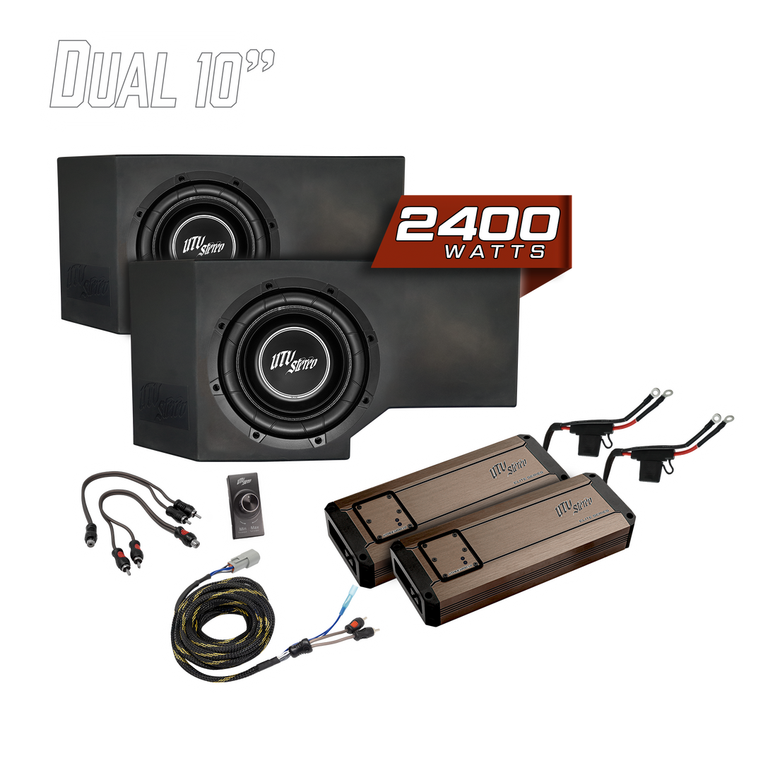 UTV Stereo dual 10 inch subwoofer kit with two amplifiers and wiring accessories