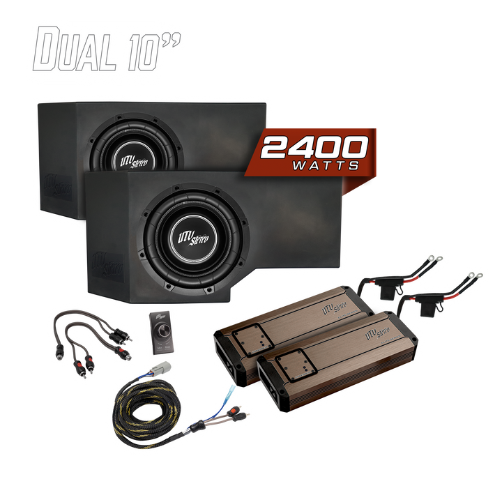 UTV Stereo dual 10 inch subwoofer kit with two amplifiers and wiring accessories