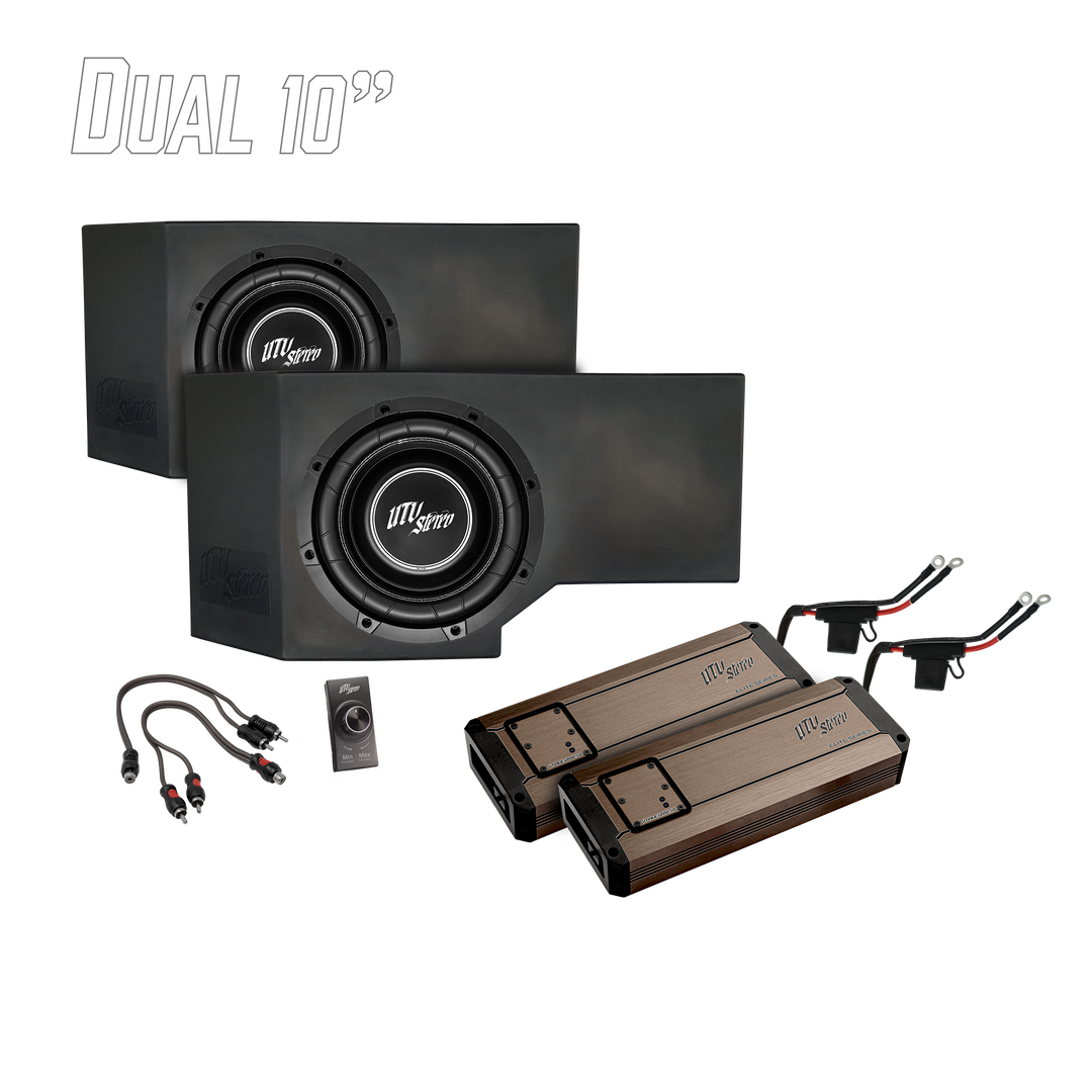UTV Stereo dual 10 inch subwoofer enclosures with two amplifiers and wiring accessories