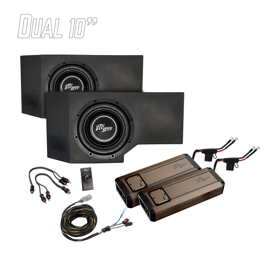 UTV Stereo dual 10 inch subwoofer enclosures with two amplifiers and wiring accessories