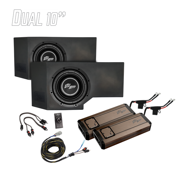 UTV Stereo dual 10 inch subwoofer enclosures with two amplifiers and wiring accessories